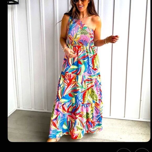 Colorful One-Shoulder Maxi Dress with Vibrant Tropical Print Size Medium - Picture 1 of 3